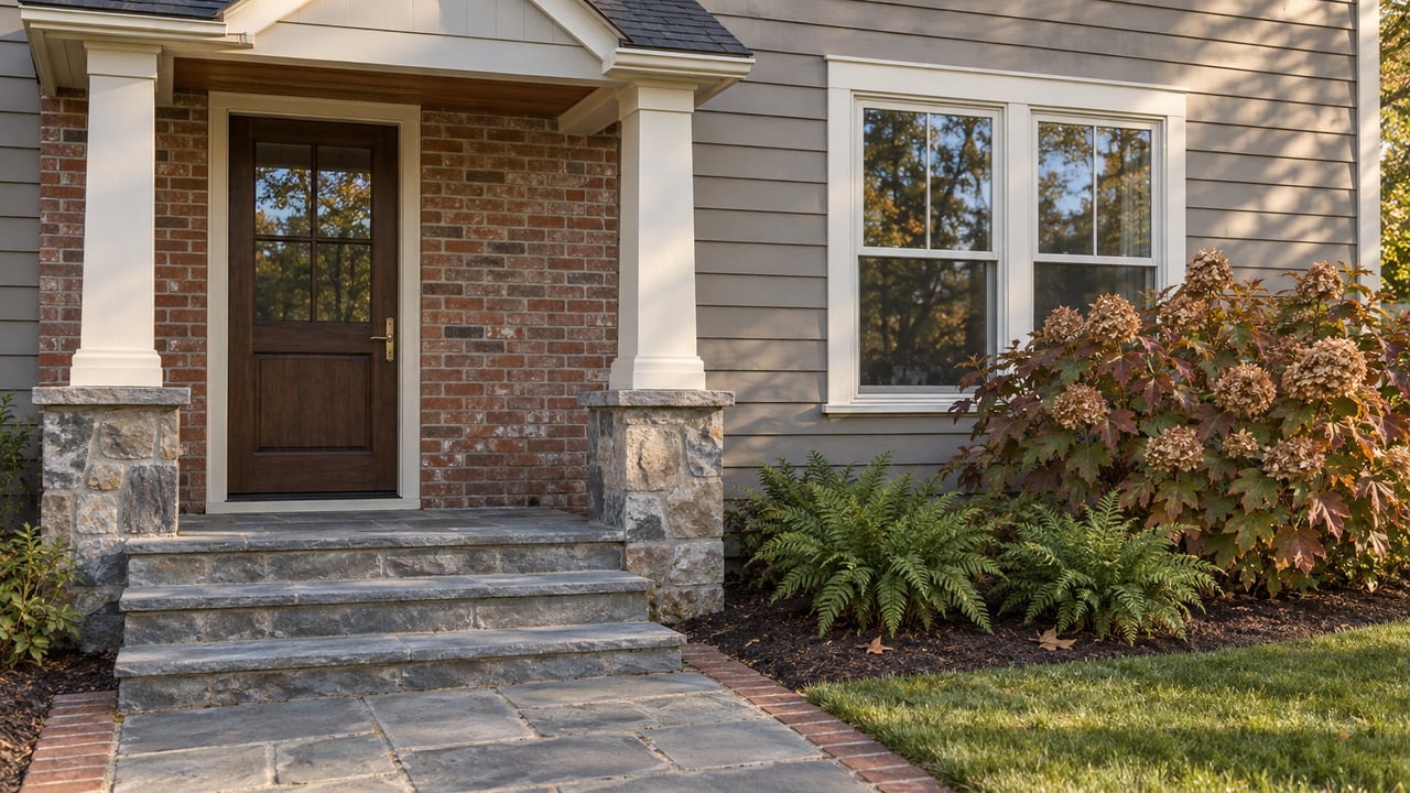 A gray clapboard home with a small gabled porch, brick entry, bluestone steps and autumn oakleaf hydrangea.