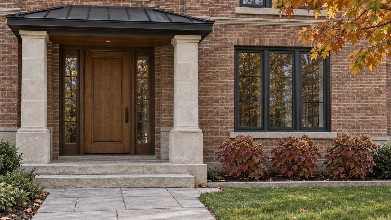 Close view of a brick home's oak entry door, limestone porch and tall window beside burgundy oakleaf hydrangeas and amber maple leaves.