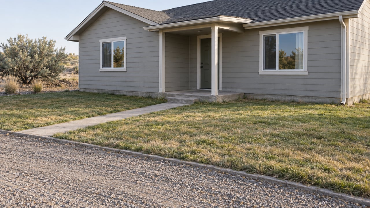 A modest gray-sided house with a covered entry stands beyond a gravel approach and patchy lawn.