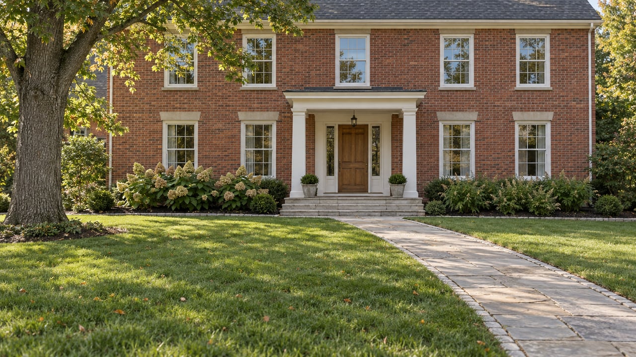 Red-brick two-story home with white trim, limestone entry walk, a broad lawn, and mature oak and flowering shrubs.