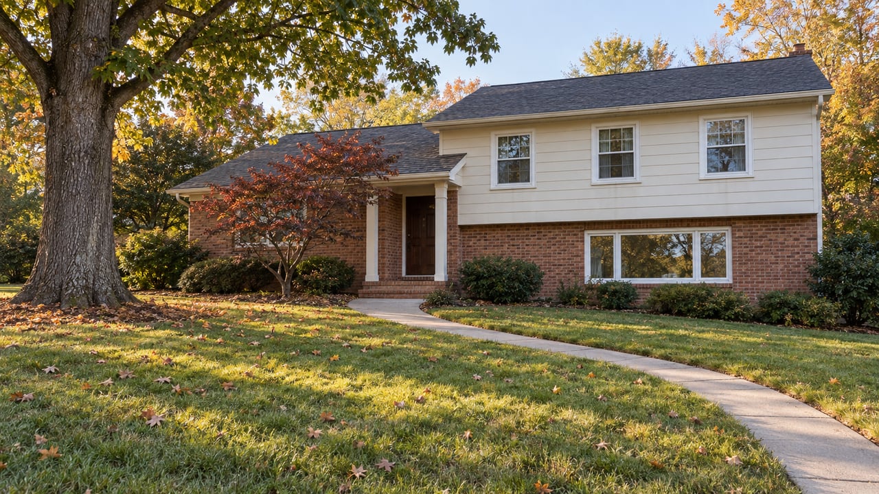 An established brick and cream-sided split-level home beyond a deep autumn lawn, with a mature white oak and a curving concrete approach.
