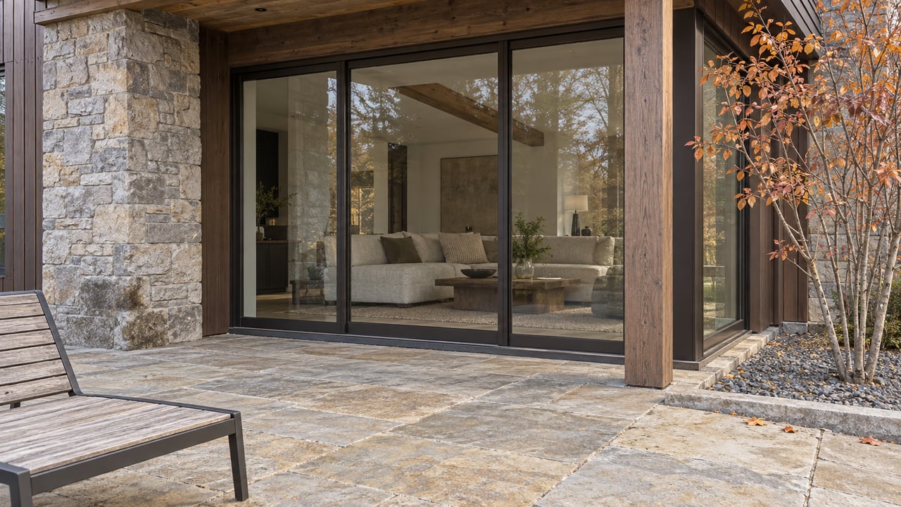 Stone and timber home with bronze-framed glazing, a sandstone terrace, and a weathered teak lounge chair beside copper-colored serviceberry leaves.