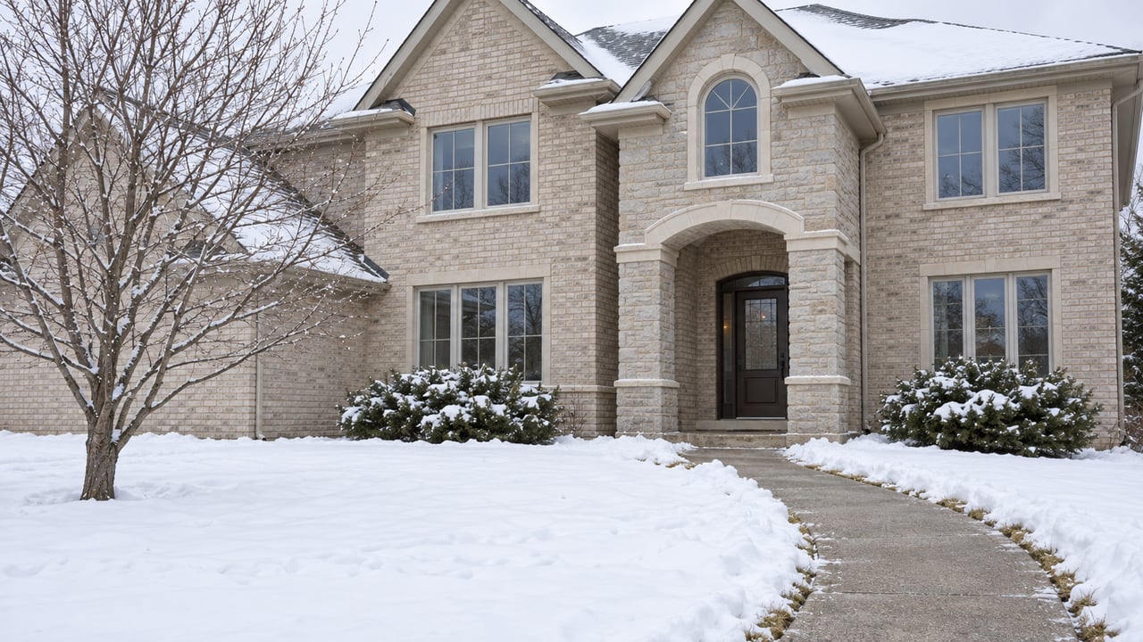 Snow-covered front lawn and cleared curved walk leading to a pale brick home with an arched stone porch and grey gabled roof.