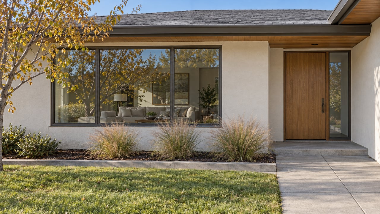 Updated single-story home with light stucco, a wood-lined eave, broad dark-framed windows, and an autumn redbud beside the front walk.
