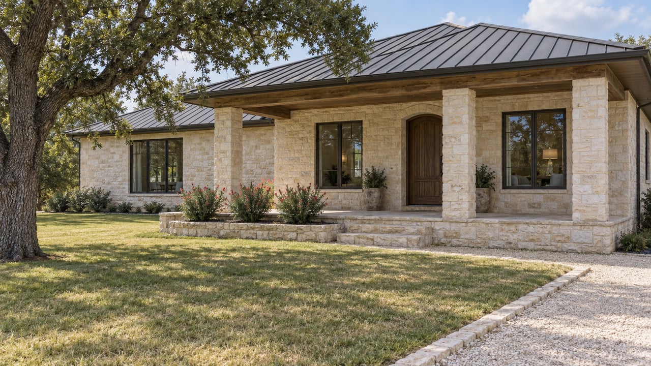 Cream limestone acreage home with a deep lawn, broad covered porch and a mature spreading oak.