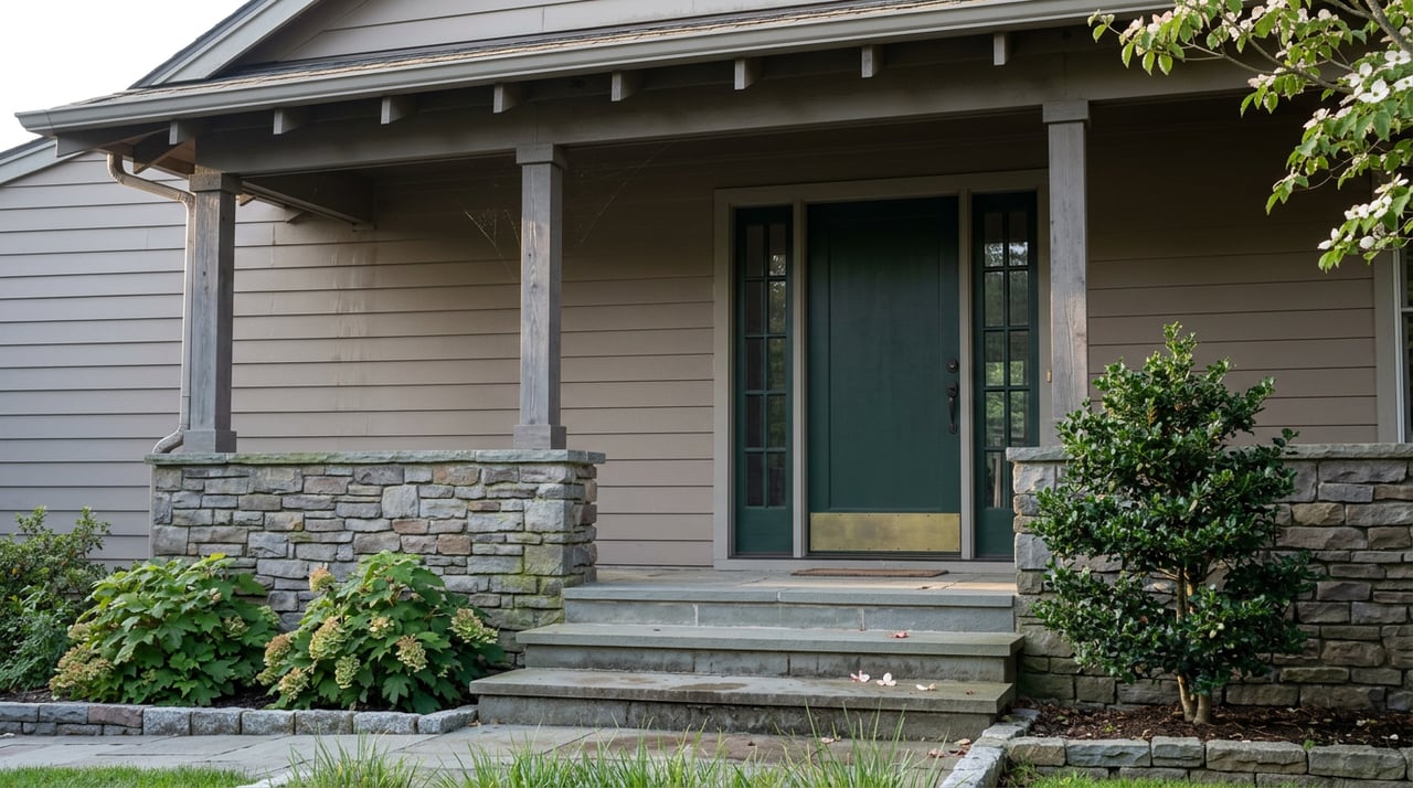 Residential porch with a deep green door, divided-light sidelights, timber posts, and stone steps.
