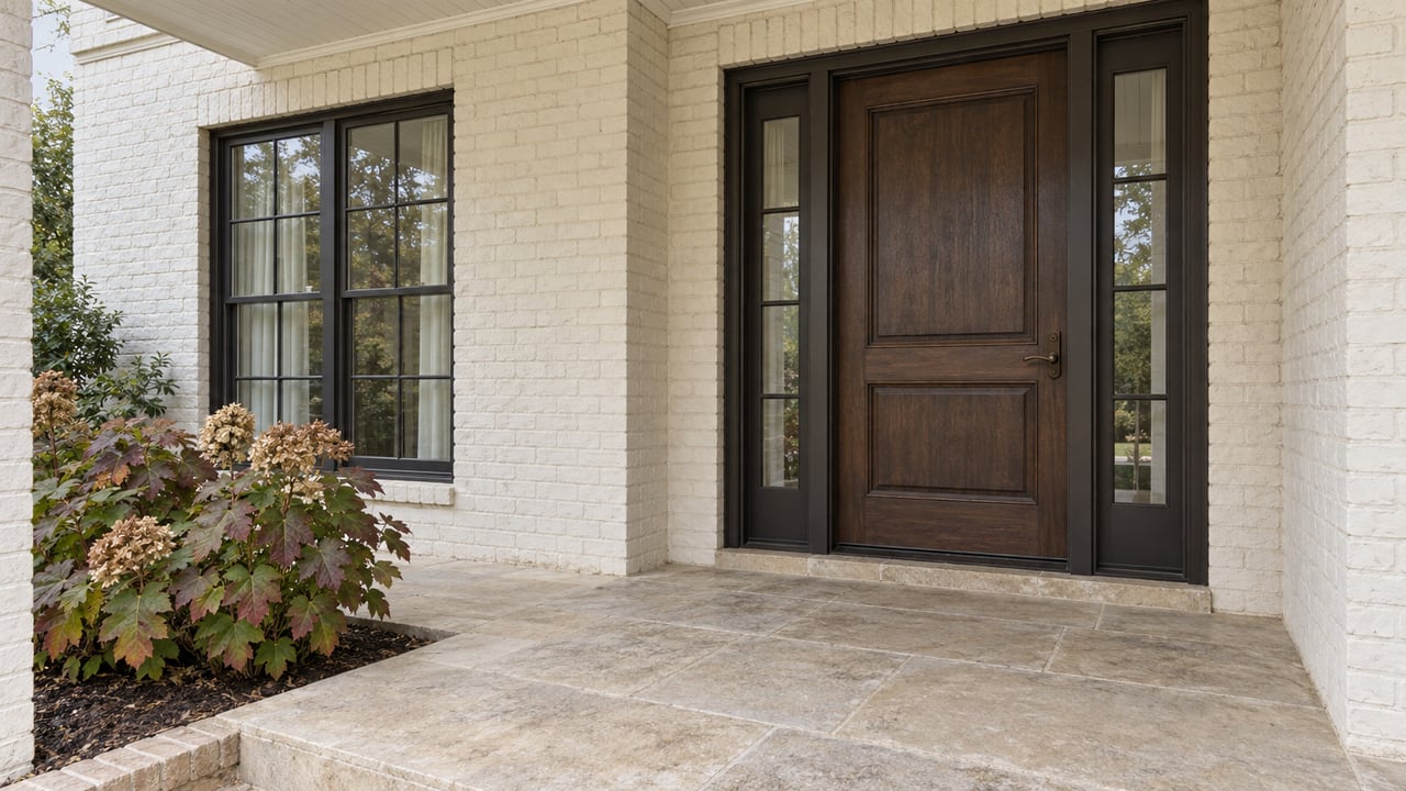 Oak front door with matching glass sidelights in an ivory-painted brick facade, above a limestone porch beside autumn oakleaf hydrangeas.