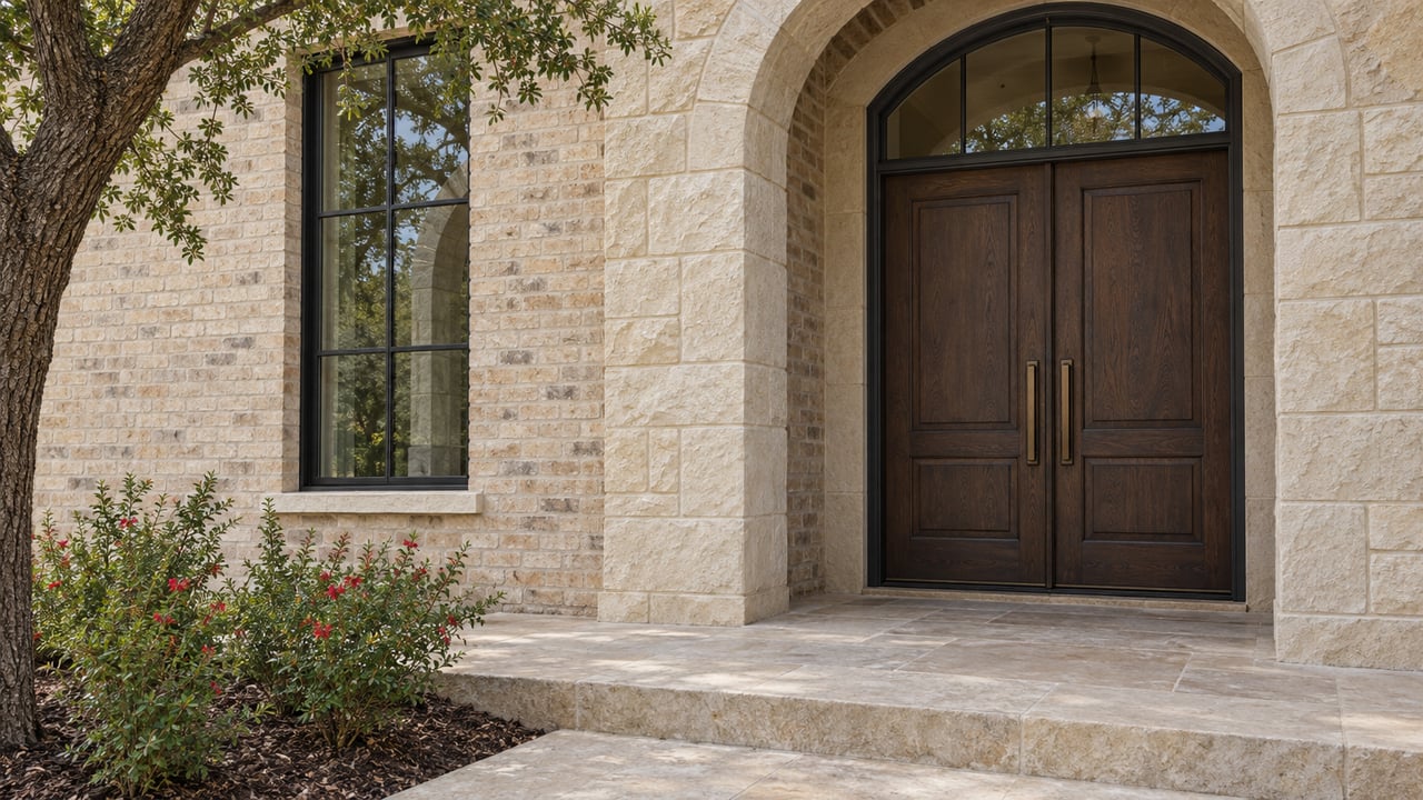 Limestone arched entrance with dark oak double doors, pale brick walls and red-flowering sage beside a broad stone landing.