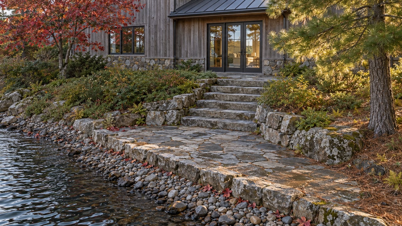 Cedar-clad lakeside house with paired glass doors above stone steps and a cobbled shore.