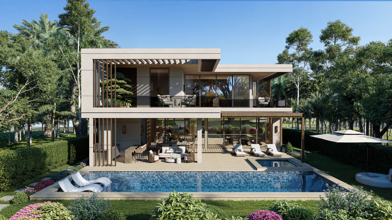 Modern two-story villa with broad glass walls, furnished terraces, and a swimming pool.