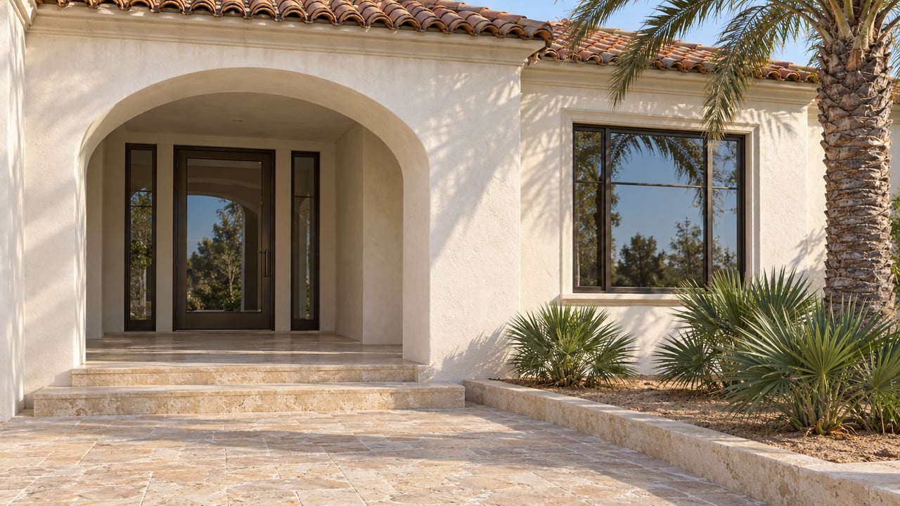 Sunlit stucco villa entrance with a terracotta roof, bronze-framed glazing, limestone steps, and palms in a raised planting bed.