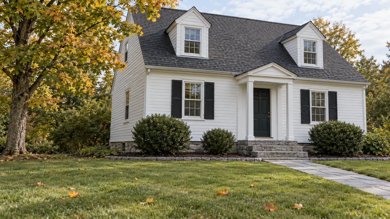 White clapboard house with black shutters, stone steps and a broad autumn lawn beneath a maple tree.