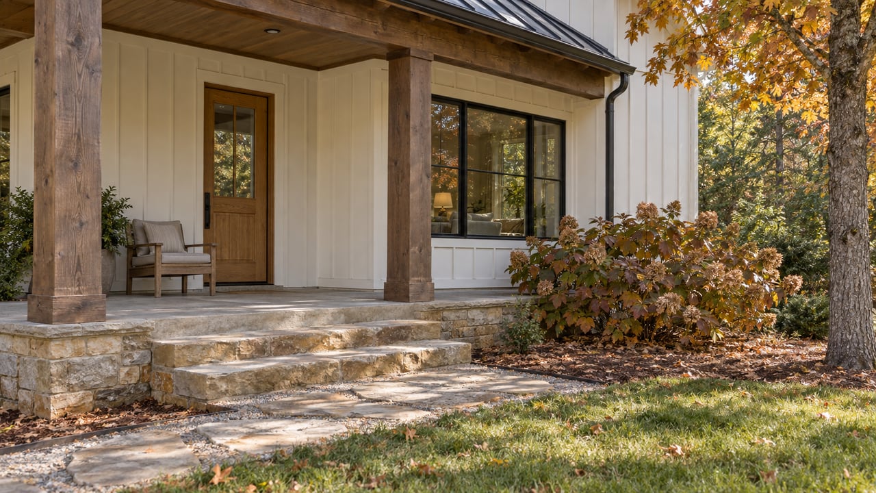 Sunlit timber porch of a white board-and-batten home, with sandstone steps, an oak entry door and amber autumn foliage.