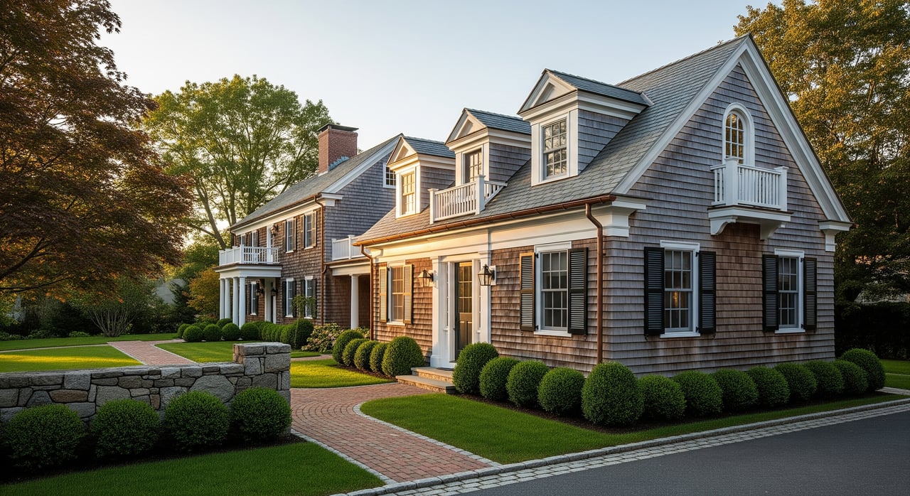 Large gray-shingled house with brick chimneys, white dormers, clipped shrubs, and a curved brick walkway.
