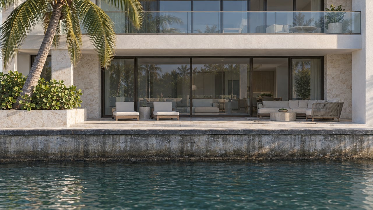 Condominium waterfront with glazed living room, raised shellstone terrace, weathered seawall, and rippled tidal channel.