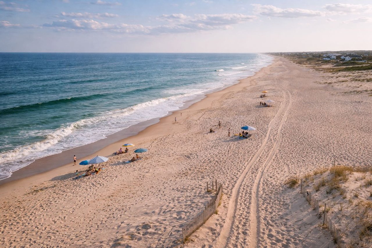wide sandy beach with dunes and ocean waves in the Hamptons