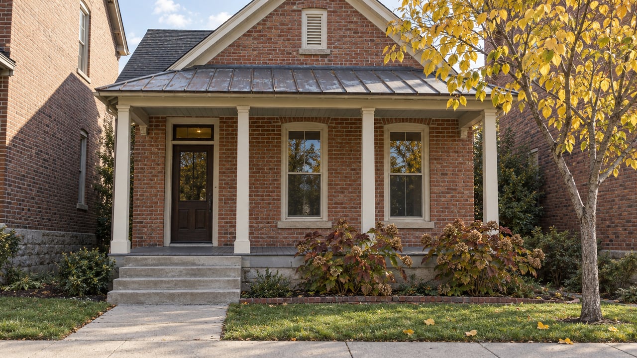 Historic red-brick cottage with an ivory wood porch, tall windows, limestone foundation and autumn planting along a short front walk.
