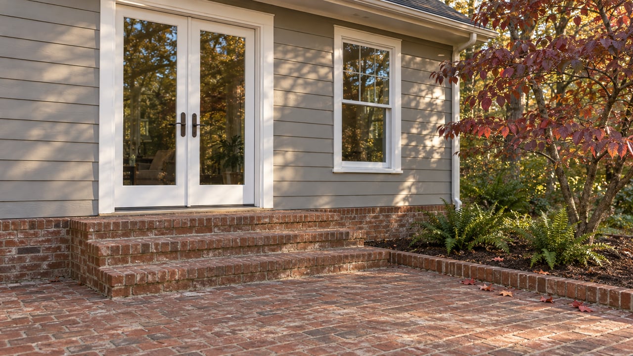 Brick terrace and three shallow steps leading to closed white garden doors beside gray siding and a burgundy-leaved dogwood.