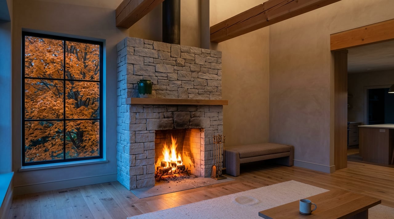 Stone fireplace glows beside a black-framed window filled with amber autumn leaves beneath timber beams.