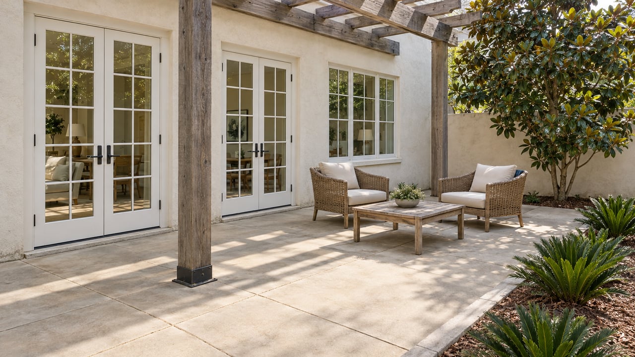 Light-stucco home opening onto a cream-paved courtyard with woven chairs, a timber pergola and a magnolia tree.