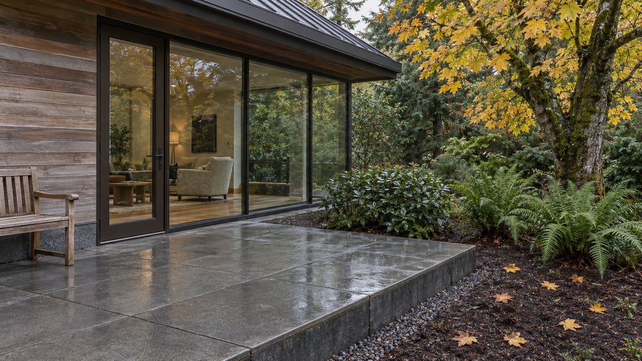 Rain-darkened terrace beside a cedar-clad home with broad closed glazing, a teak bench, and an autumn maple garden.