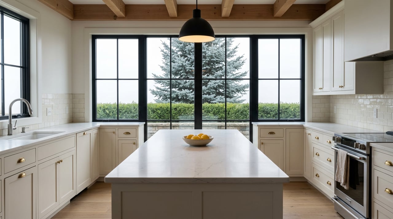 Farmhouse kitchen island with a bowl of lemons, brass-handled white cabinets, and a spruce visible through the window.