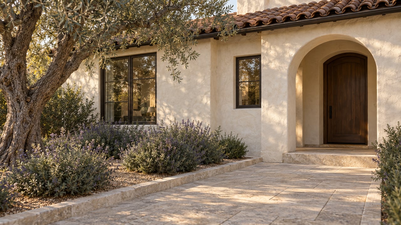 Cream stucco house with a recessed arched walnut door, terracotta roof tiles, and an olive tree beside the approach.