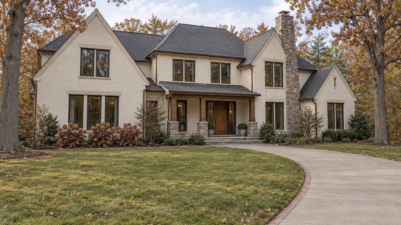 An ivory brick home with a stone chimney and timber entry porch beyond a deep autumn lawn and curved concrete walk.