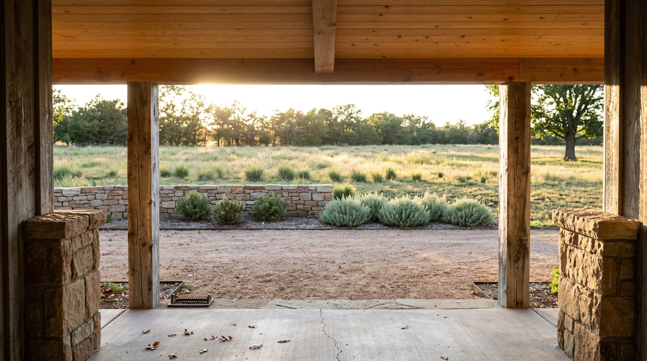 Stone-and-timber breezeway opening onto a gravel court, dry-stacked stone wall, and open pasture.