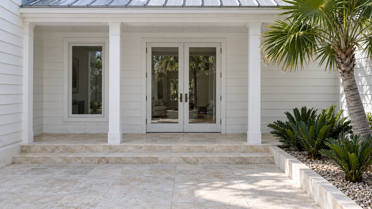 White timber home with a shaded glazed entrance, limestone courtyard and a single fan palm in a curbed planting bed.