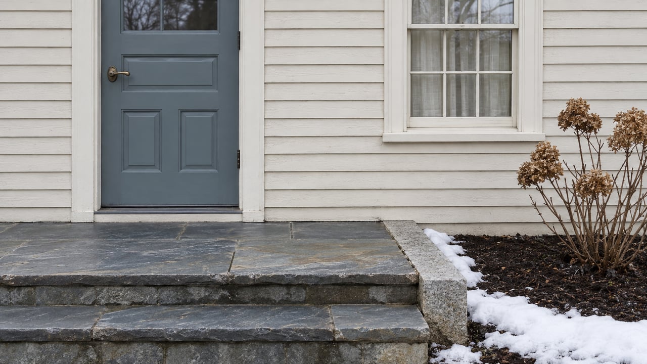Ivory clapboard entry with a blue-gray door, divided-light window, worn bluestone steps, and a dormant oakleaf hydrangea beside traces of snow.
