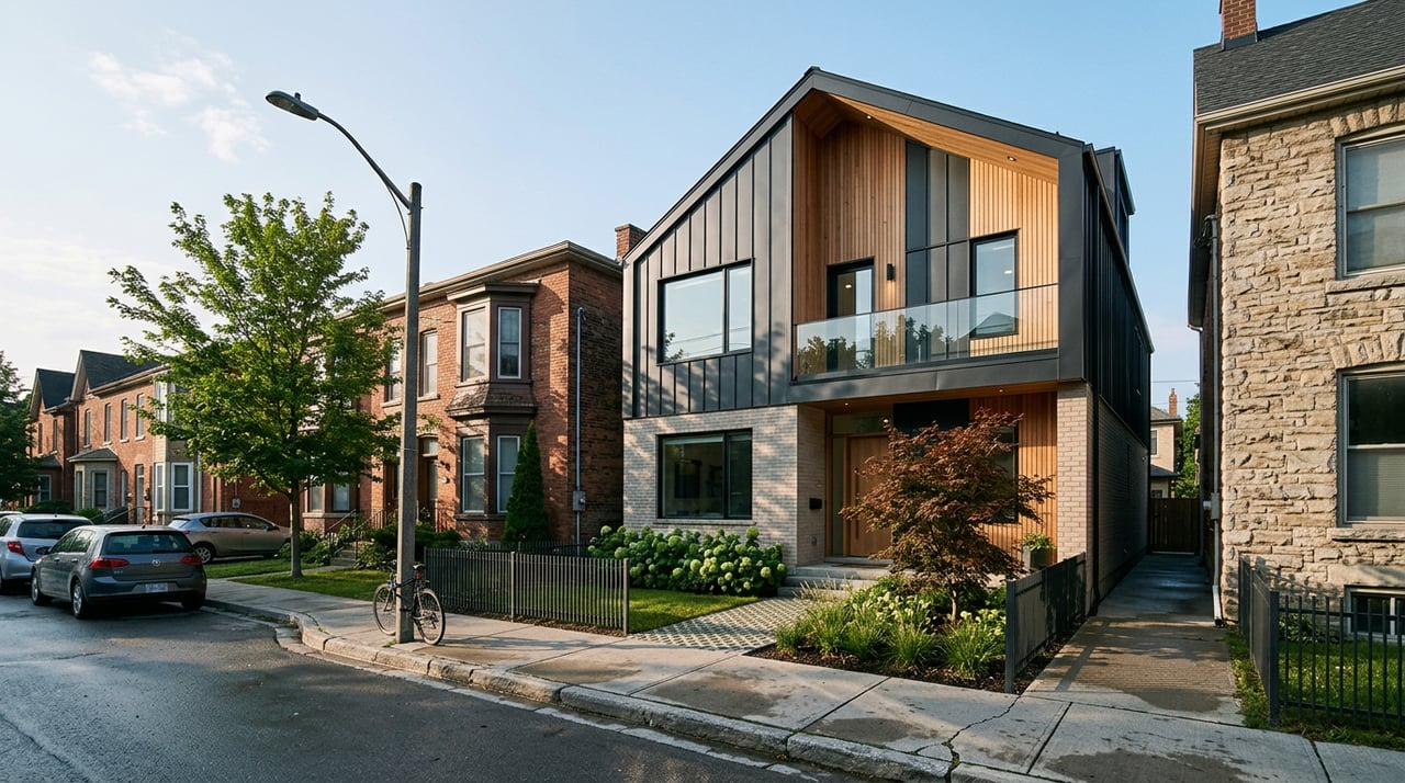 Compact infill home with horizontal siding, xeriscape planting, and a narrow setback beside a neighboring facade.