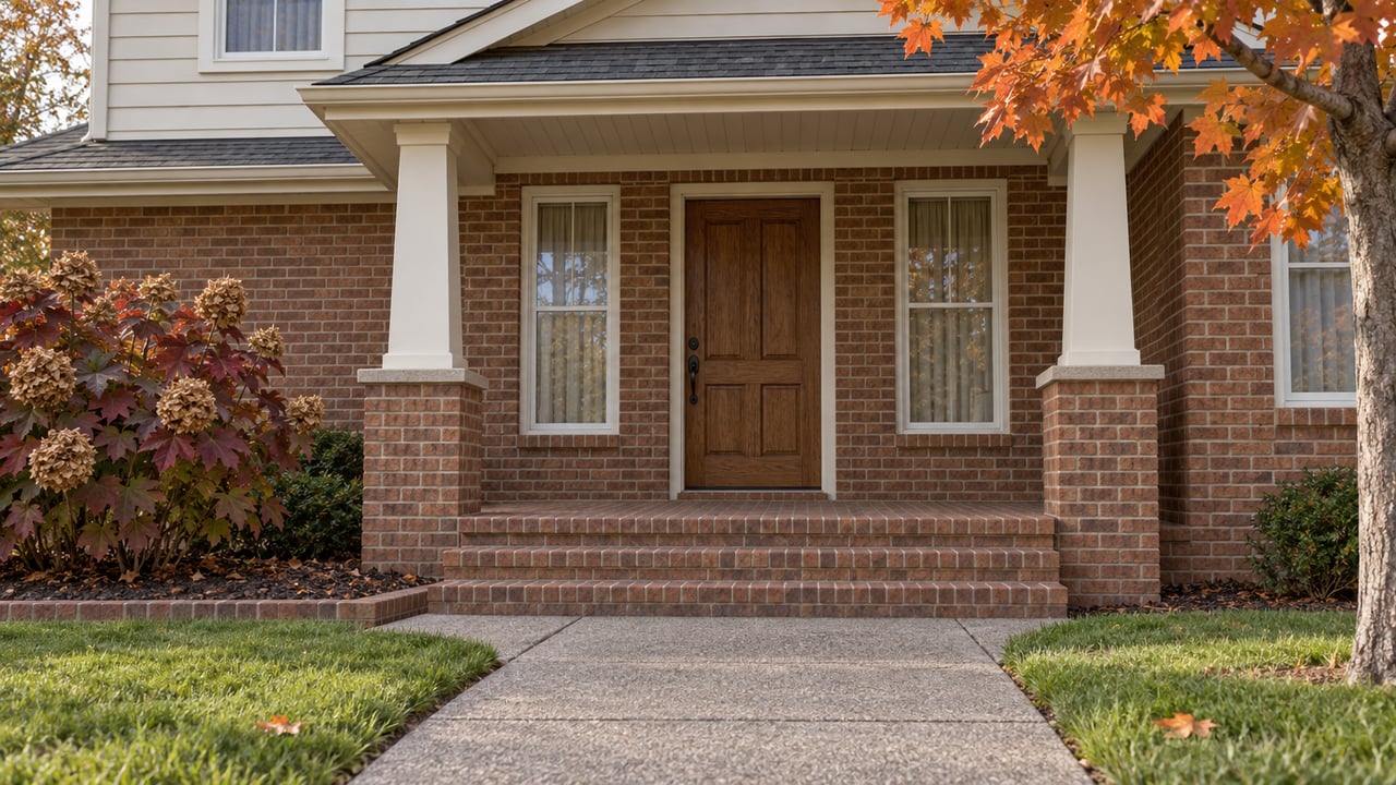Russet brick front porch with ivory columns, an oak door, cream siding and orange maple leaves beside a concrete approach.
