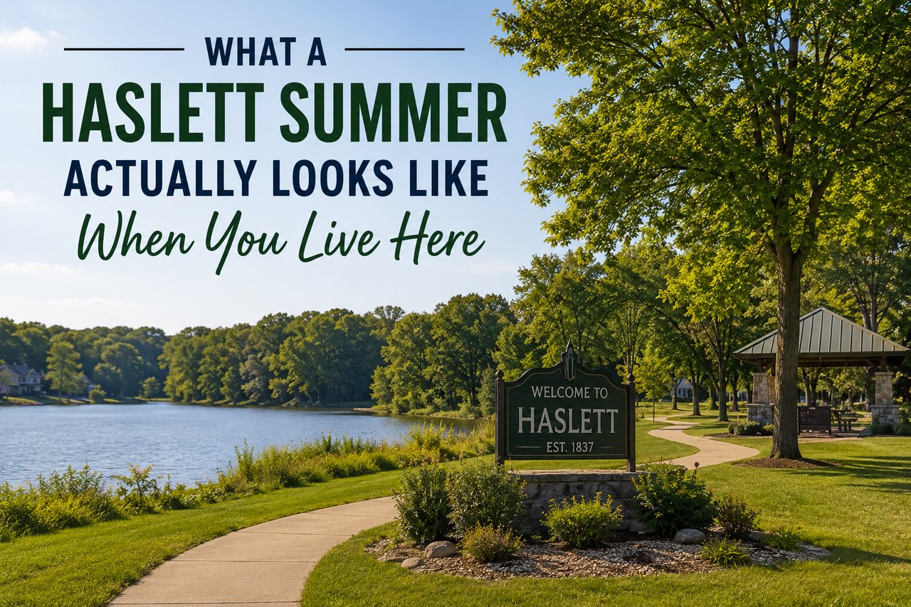 Welcome to Haslett sign by lakeside path, What a Haslett Summer Actually Looks Like