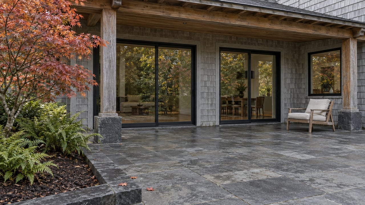 Covered cedar-shingle home's basalt terrace, closed glass doors, teak chair and an autumn vine maple beside sword ferns.