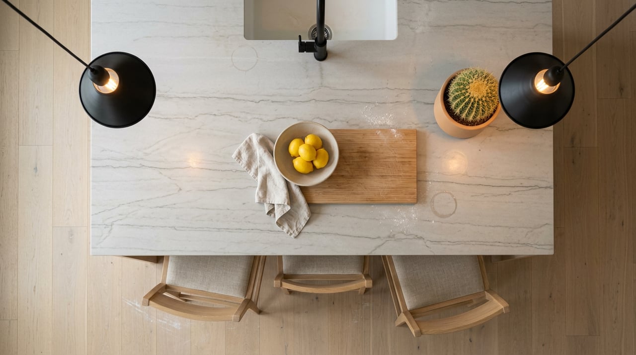 Quartzite kitchen island with lemons, a scored cutting board, linen napkin, potted cactus, and oak stools.