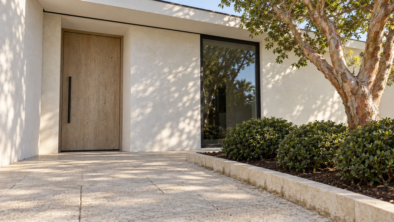 Coastal home entrance with a weathered oak door, black-framed window, pale paving, and sculptural tree.