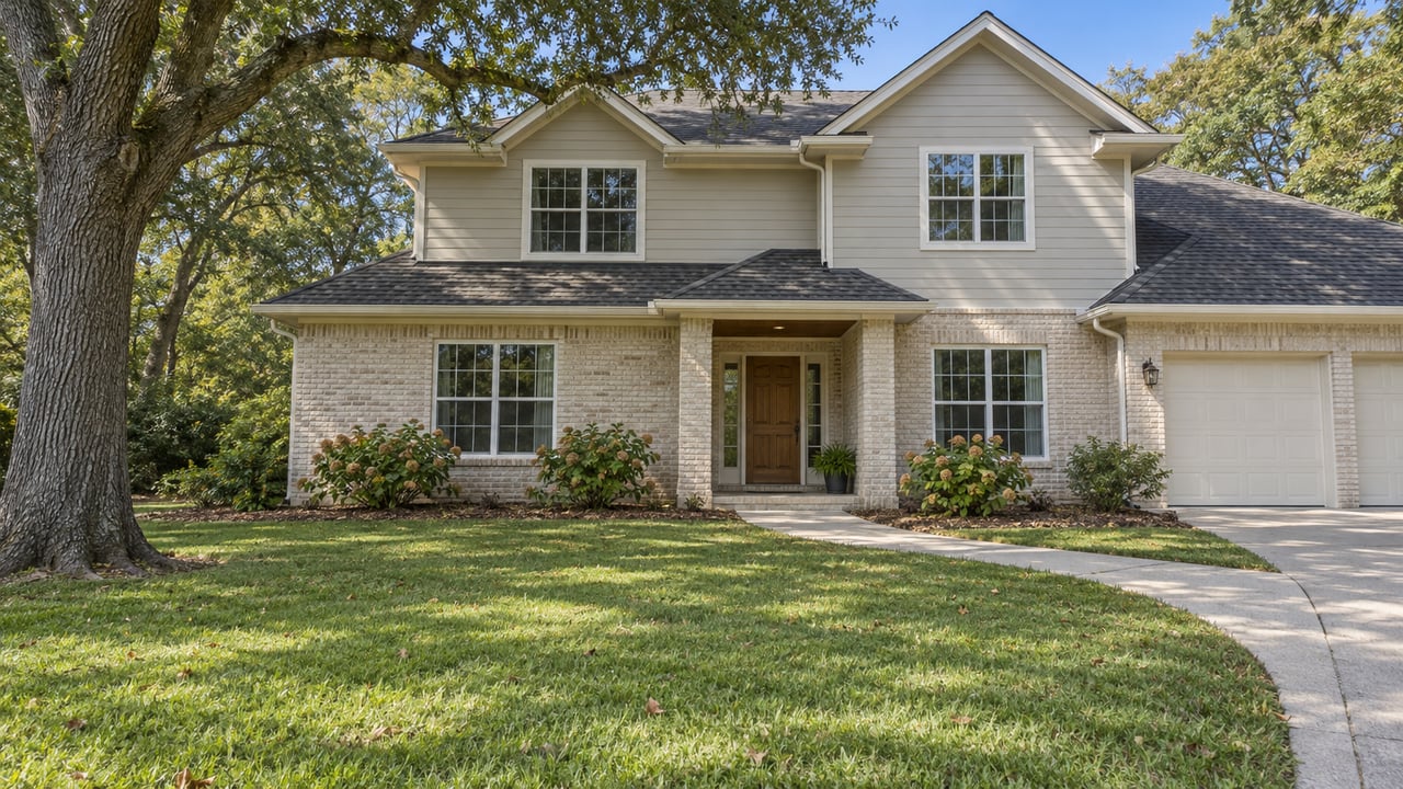 Two-story ivory brick and taupe-sided home behind a deep green lawn, with a mature oak, recessed entry and curved concrete walk.