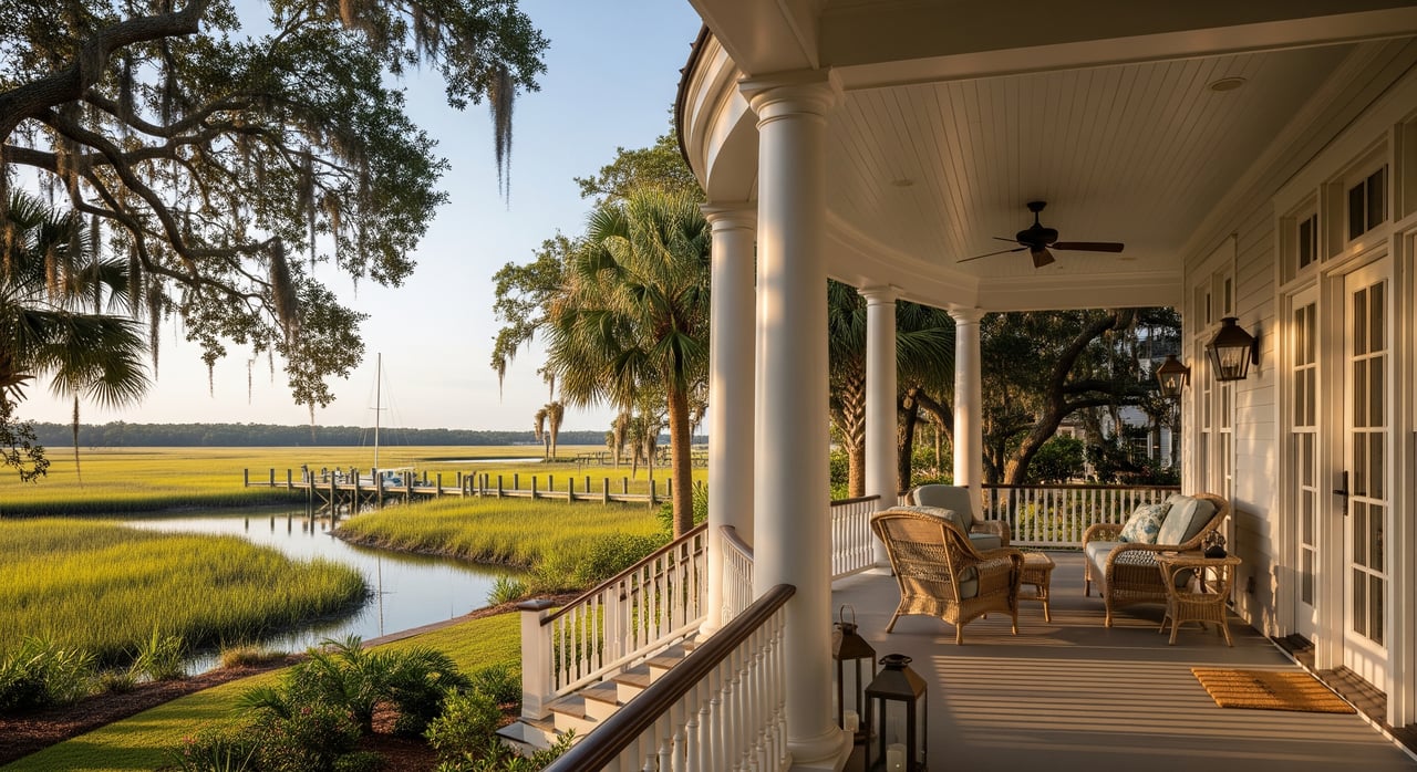 White-columned porch with wicker chairs overlooking a grassy marsh and winding tidal creek.