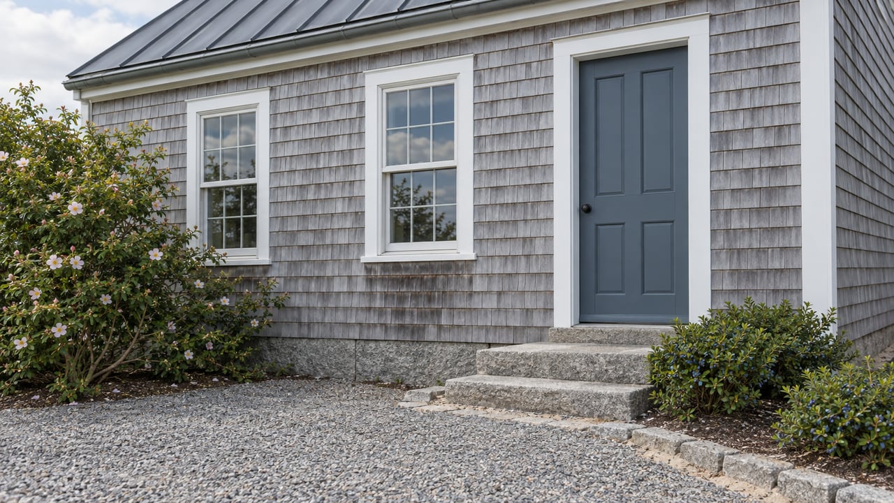 Coastal house with gray cedar shingles, two white-trimmed windows, and granite steps leading to a blue-gray door.