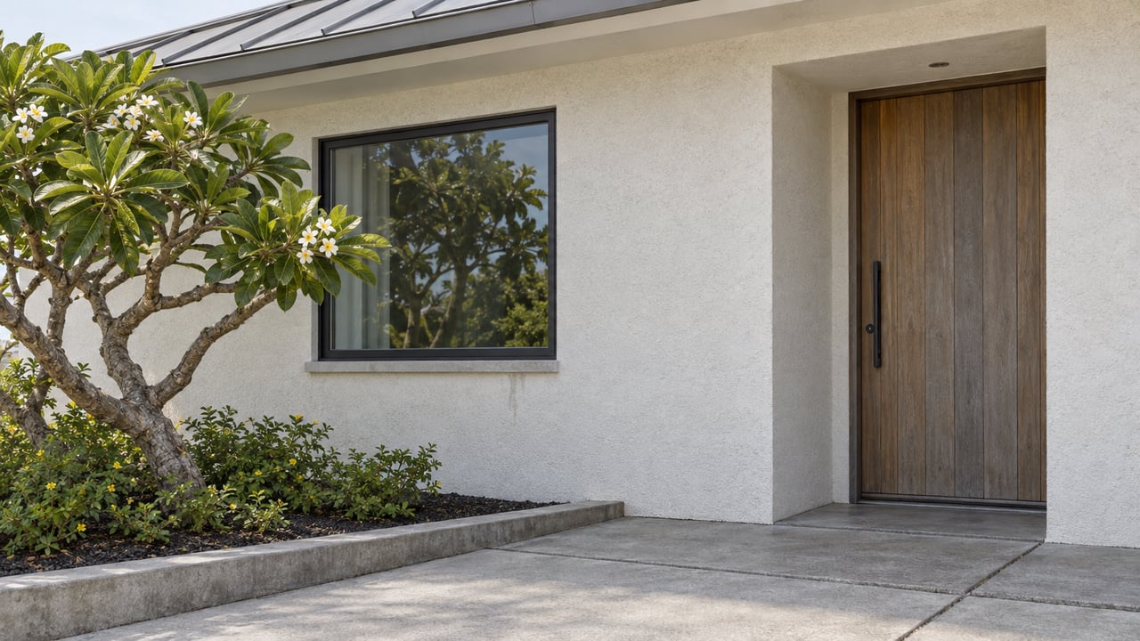 Coastal house entry with a timber door, stucco wall, left-side window, and plumeria tree.