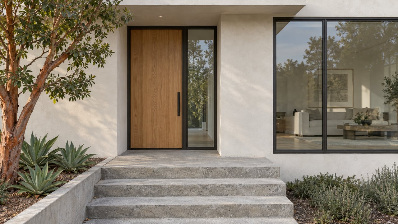 Contemporary home entrance with an oak door, white stucco, dark-framed glass and concrete steps beside a sculptural tree and aloe planting.