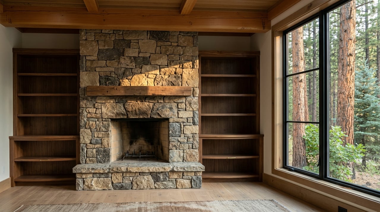 Fieldstone fireplace flanked by walnut shelves, beside a black-framed window overlooking pine trees.