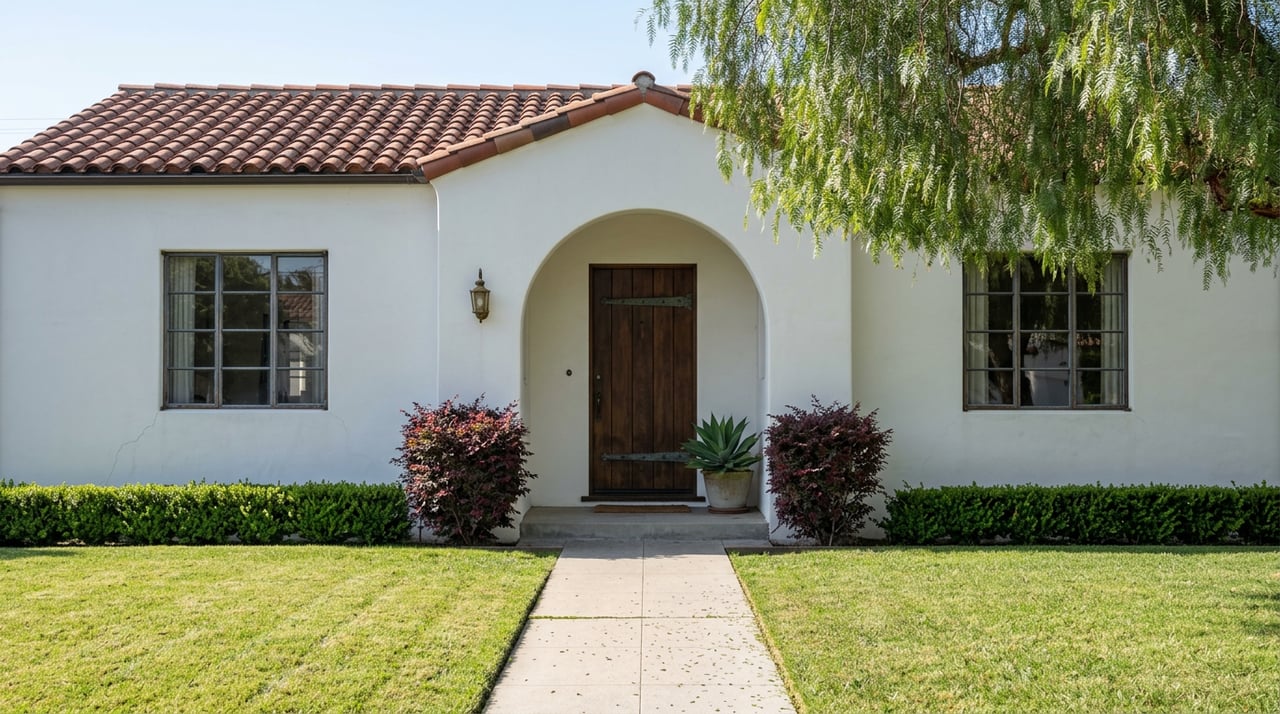 White stucco house with a clay tile roof, arched doorway, straight walkway, and pepper tree canopy.