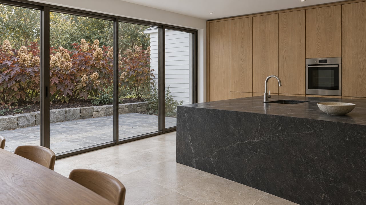 Oak cabinetry and a dark stone kitchen island beside closed glass doors overlooking a bluestone terrace and autumn hydrangeas.