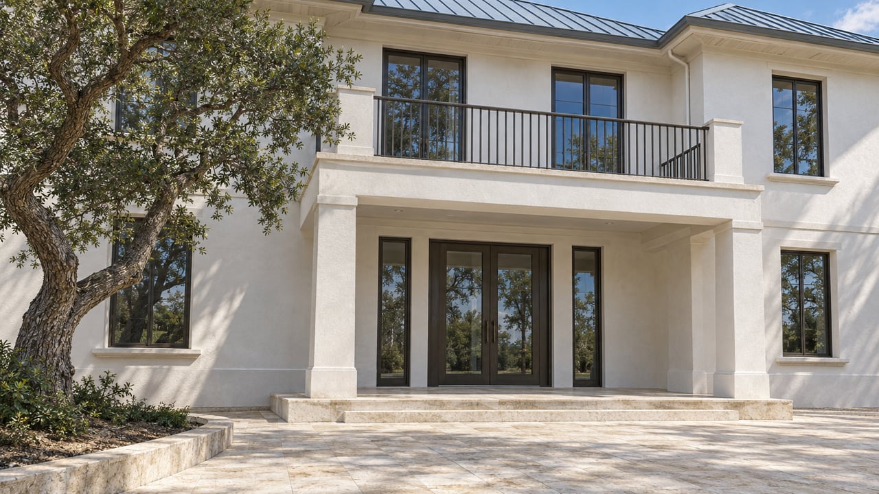 White stucco home with a blue-gray metal roof, bronze balcony railing and limestone entrance beside a sand live oak.