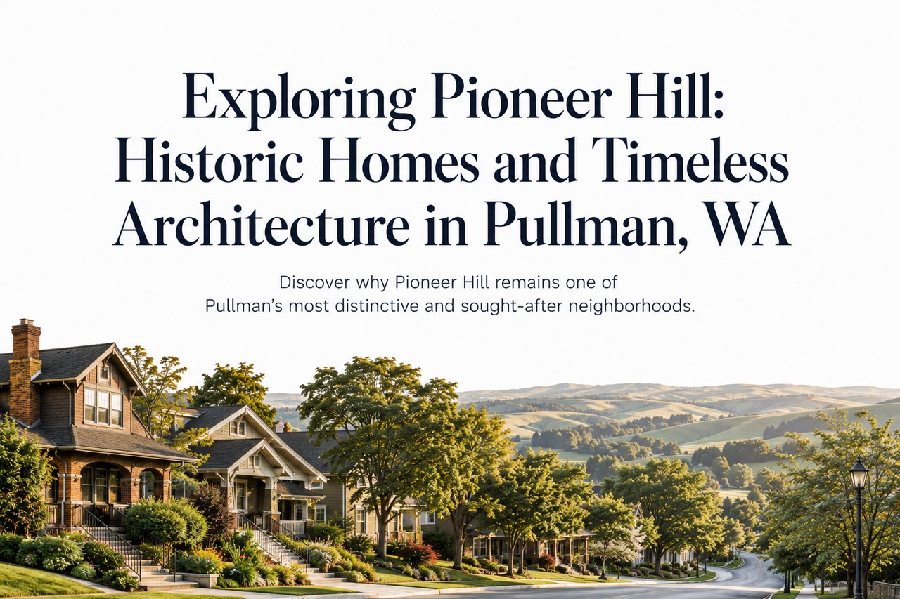 Elegant editorial-style graphic featuring historic homes and tree-lined streets inspired by Pullman's Pioneer Hill neighborhood.