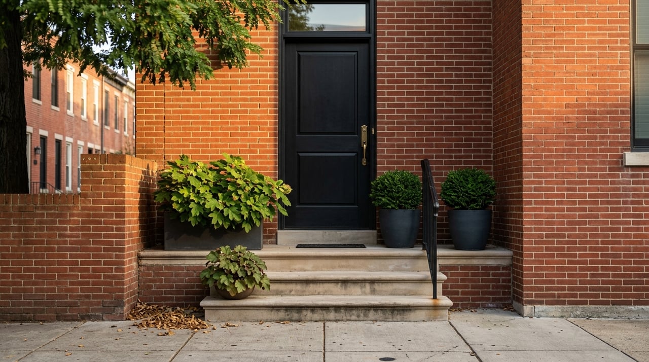 Brick home stoop with black door, container plants, and a sliver of street tree.