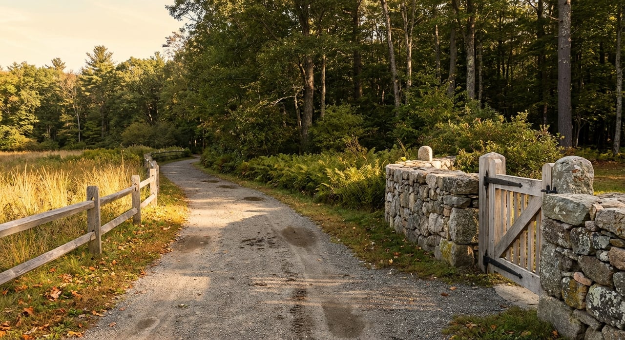 Gravel trail passes through a timber gate beside a granite wall beneath a dense canopy.