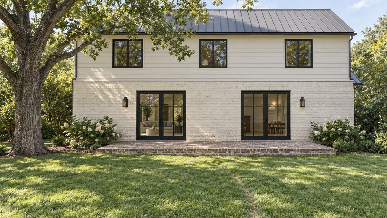 Compact two-story home beyond a lawn, with a brick terrace, black-framed doors, and an oak tree at left.